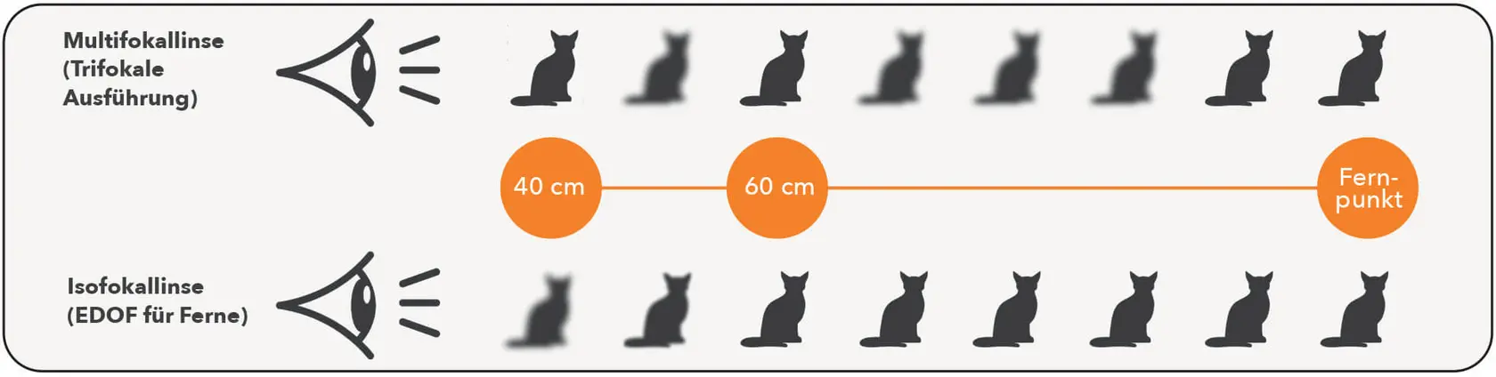 Vergleich der Abbildungsbereiche von Isofokallinsen und Multifokallinsen. Beispiel zum Sehen mit Schärfe, Unfschärfe zu definierten Entfernungen.